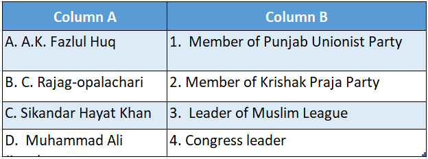 Wbbse Solutions For Class 8 History Chapter 8 From Communalism To The Partition Match The Colunmns table 8 - Copy