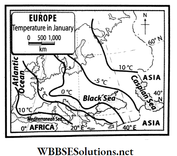 WBBSE Solutions For Class 7 Geography Chapter 11 Topic A General Introduction Of The Continent Of Europe pattern of temperature in Winter in Europe
