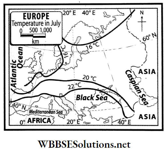 WBBSE Solutions For Class 7 Geography Chapter 11 Topic A General Introduction Of The Continent Of Europe pattern of temperature in summer in Europe
